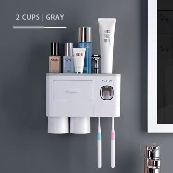 Wall-Mounted Bathroom Organizer with Toothbrush Holder & Automatic Toothpaste Dispenser – 2 Cups